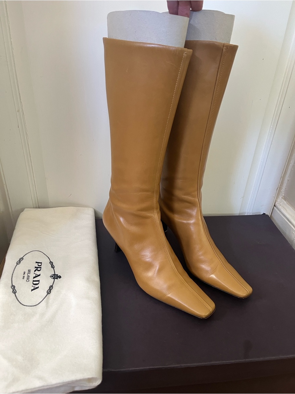 PRADA Vitello 1849 caramel tan brown heeled boots 37.5/7